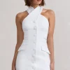 Dani | White Halter Neck Tailored Buttoned Bodycon Mini Dress