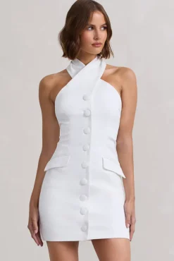Dani | White Halter Neck Tailored Buttoned Bodycon Mini Dress