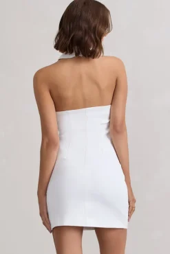 Dani | White Halter Neck Tailored Buttoned Bodycon Mini Dress
