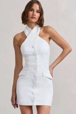 Dani | White Halter Neck Tailored Buttoned Bodycon Mini Dress