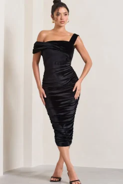 Daniela | Black Velvet One Shoulder Ruched Midi Dress