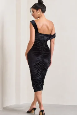 Daniela | Black Velvet One Shoulder Ruched Midi Dress