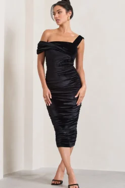 Daniela | Black Velvet One Shoulder Ruched Midi Dress