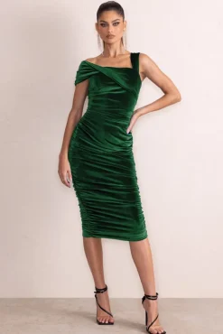 Daniela | Bottle Green Velvet One Shoulder Ruched Midi Dress
