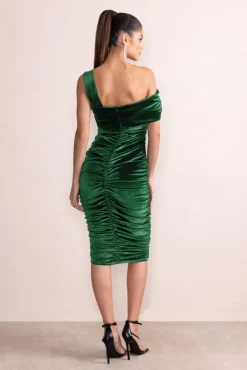 Daniela | Bottle Green Velvet One Shoulder Ruched Midi Dress