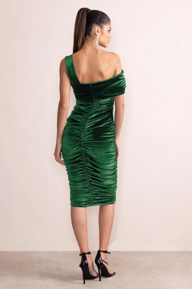 Daniela | Bottle Green Velvet One Shoulder Ruched Midi Dress