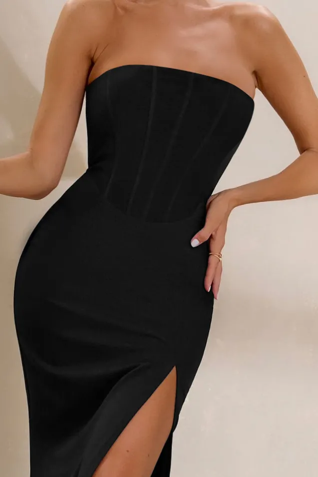Daphne | Black Bandeau Corset Thigh Split Maxi Dress