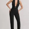 Darcy | Black Plunge Neck Tailored Jumpsuit With Tie Detail