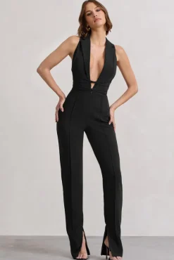 Darcy | Black Plunge Neck Tailored Jumpsuit With Tie Detail