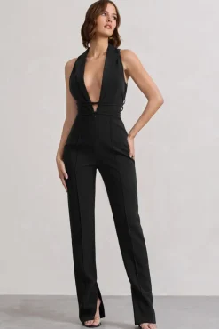 Darcy | Black Plunge Neck Tailored Jumpsuit With Tie Detail