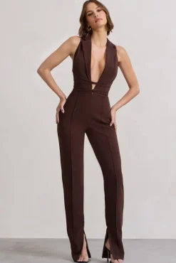 Darcy | Chocolate Brown Plunge Neck Tailored Jumpsuit With Tie Detail