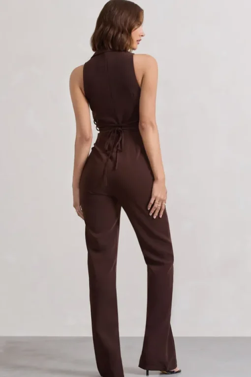Darcy | Chocolate Brown Plunge Neck Tailored Jumpsuit With Tie Detail
