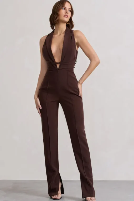Darcy | Chocolate Brown Plunge Neck Tailored Jumpsuit With Tie Detail