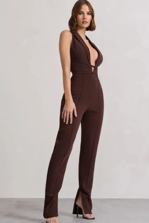 Darcy | Chocolate Brown Plunge Neck Tailored Jumpsuit With Tie Detail
