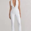 Darcy | White Plunge Neck Tailored Jumpsuit With Tie Detail