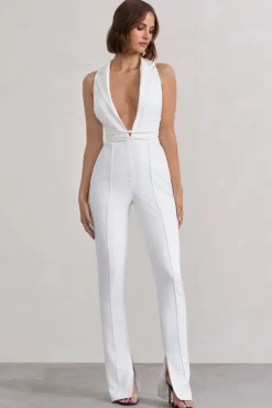 Darcy | White Plunge Neck Tailored Jumpsuit With Tie Detail