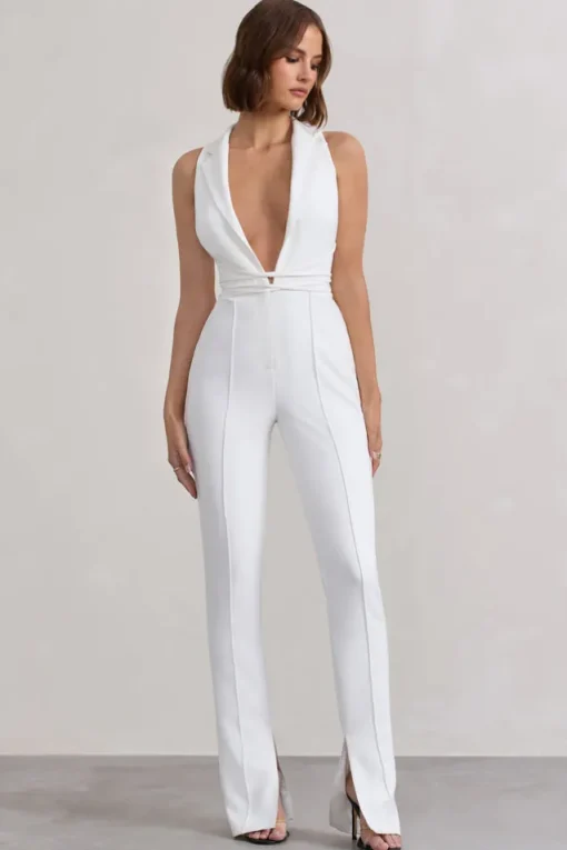 Darcy | White Plunge Neck Tailored Jumpsuit With Tie Detail