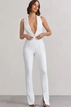 Darcy | White Plunge Neck Tailored Jumpsuit With Tie Detail