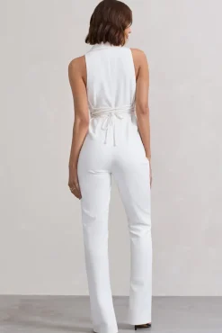 Darcy | White Plunge Neck Tailored Jumpsuit With Tie Detail