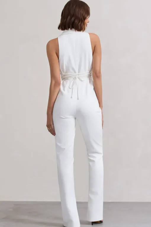 Darcy | White Plunge Neck Tailored Jumpsuit With Tie Detail