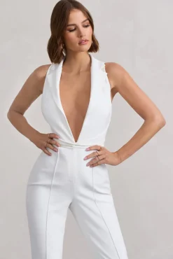 Darcy | White Plunge Neck Tailored Jumpsuit With Tie Detail
