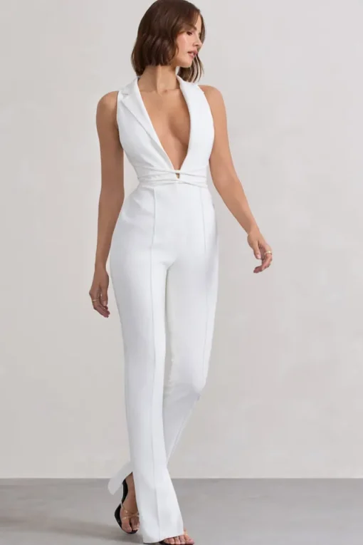 Darcy | White Plunge Neck Tailored Jumpsuit With Tie Detail