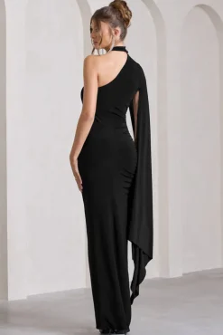 Dare To Drape | Black Asymmetric Draped-Sleeve Split Maxi Dress
