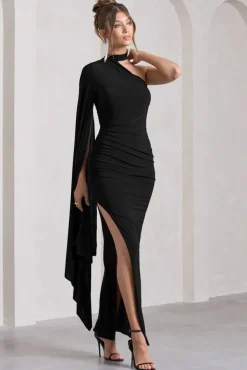 Dare To Drape | Black Asymmetric Draped-Sleeve Split Maxi Dress