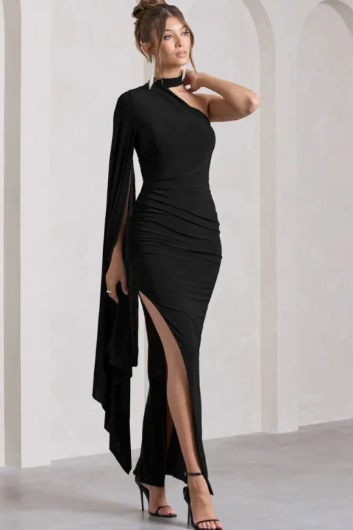 Dare To Drape | Black Asymmetric Draped-Sleeve Split Maxi Dress