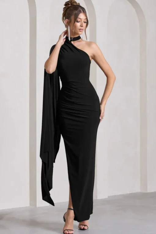 Dare To Drape | Black Asymmetric Draped-Sleeve Split Maxi Dress