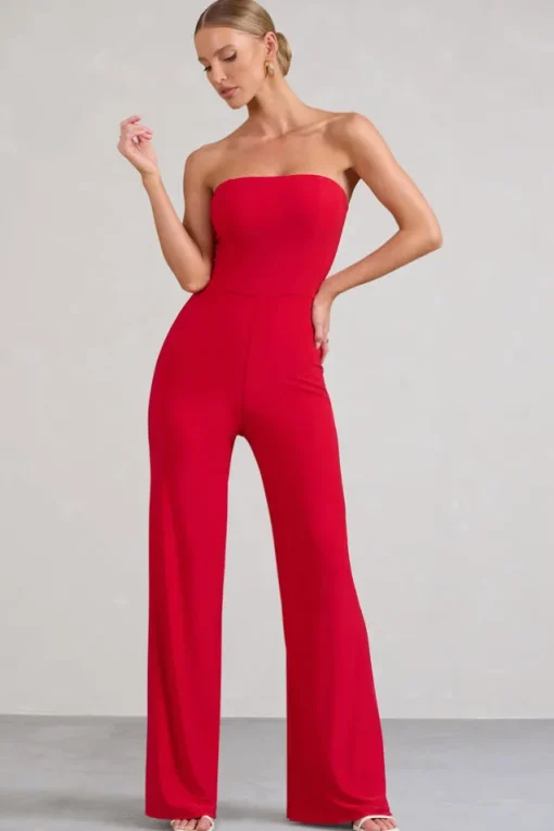 Darya | Red Bandeau Wide Leg Jumpsuit