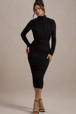 Dasha |  Black Ruched High-Neck Long-Sleeve Midi Dress