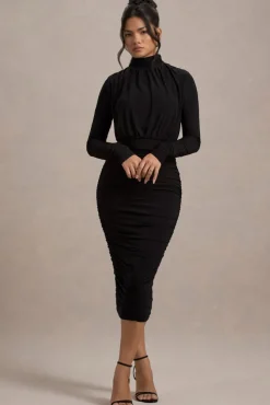 Dasha |  Black Ruched High-Neck Long-Sleeve Midi Dress