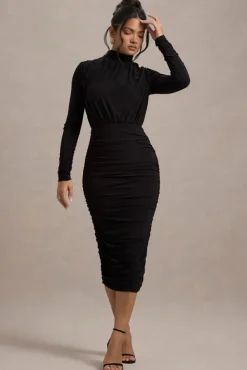 Dasha |  Black Ruched High-Neck Long-Sleeve Midi Dress