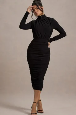 Dasha |  Black Ruched High-Neck Long-Sleeve Midi Dress