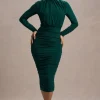 Dasha | Bottle Green Ruched High-Neck Long-Sleeve Midi Dress