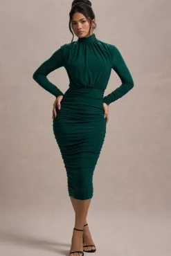 Dasha | Bottle Green Ruched High-Neck Long-Sleeve Midi Dress