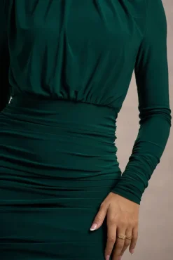 Dasha | Bottle Green Ruched High-Neck Long-Sleeve Midi Dress