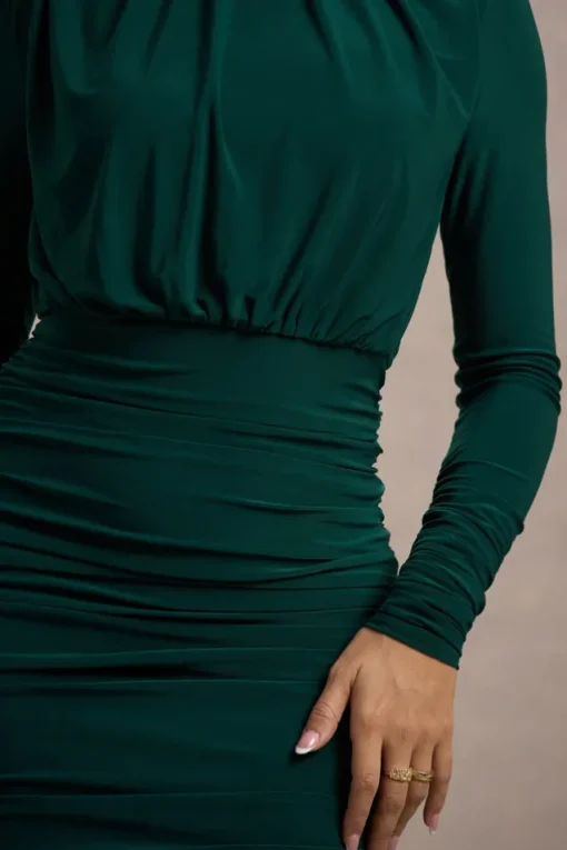 Dasha | Bottle Green Ruched High-Neck Long-Sleeve Midi Dress