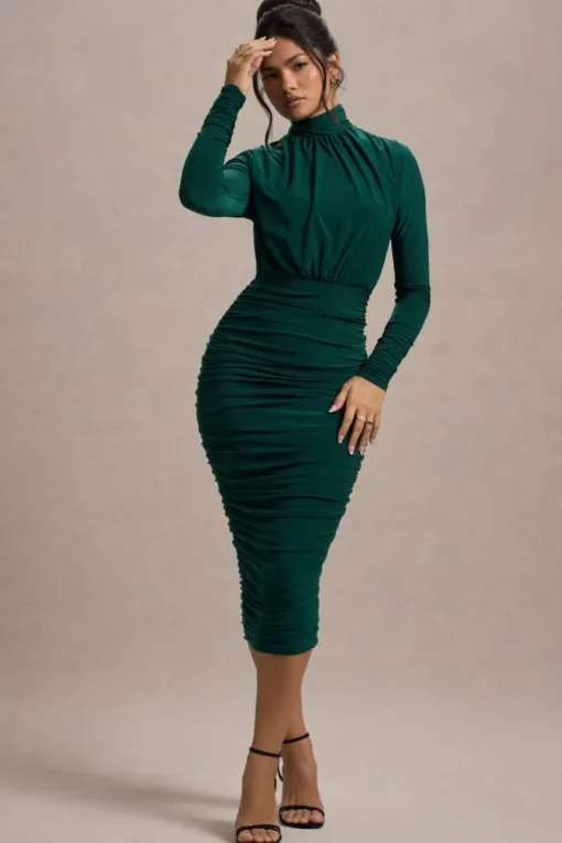 Dasha | Bottle Green Ruched High-Neck Long-Sleeve Midi Dress