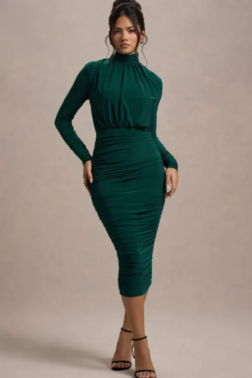 Dasha | Bottle Green Ruched High-Neck Long-Sleeve Midi Dress