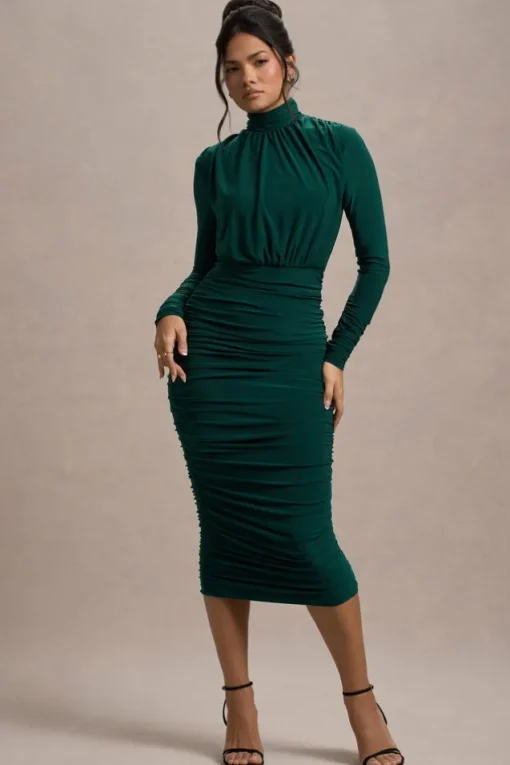 Dasha | Bottle Green Ruched High-Neck Long-Sleeve Midi Dress