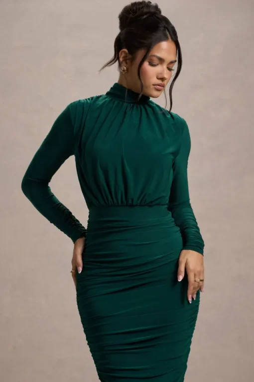 Dasha | Bottle Green Ruched High-Neck Long-Sleeve Midi Dress