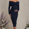 Davina | Navy Ruched Twist Bardot Long-Sleeve Maternity Midi Dress