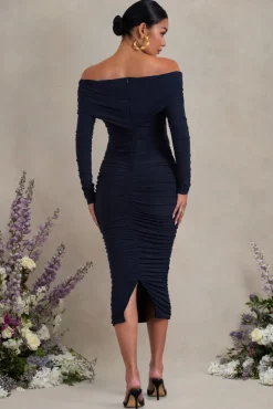 Davina | Navy Ruched Twist Bardot Long-Sleeve Maternity Midi Dress