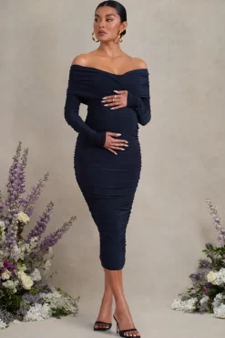 Davina | Navy Ruched Twist Bardot Long-Sleeve Maternity Midi Dress