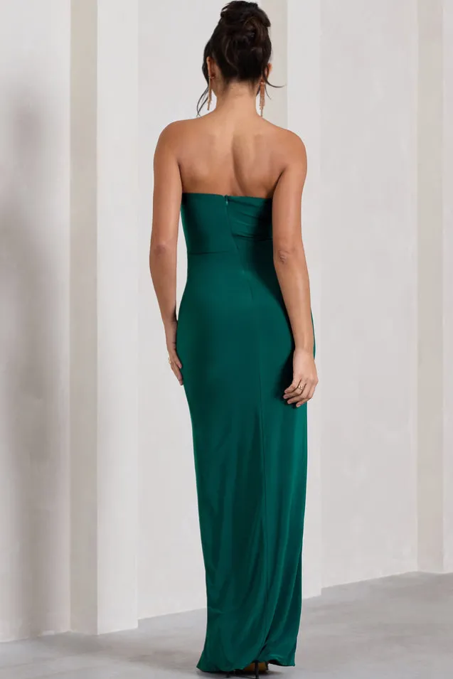 Dawning | Bottle Green Bandeau Knotted Split Maxi Dress