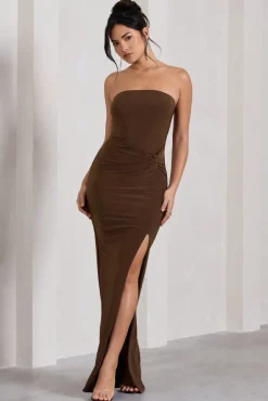 Dawning | Chocolate Brown Bandeau Knotted Split Maxi Dress