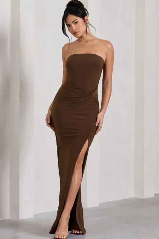 Dawning | Chocolate Brown Bandeau Knotted Split Maxi Dress