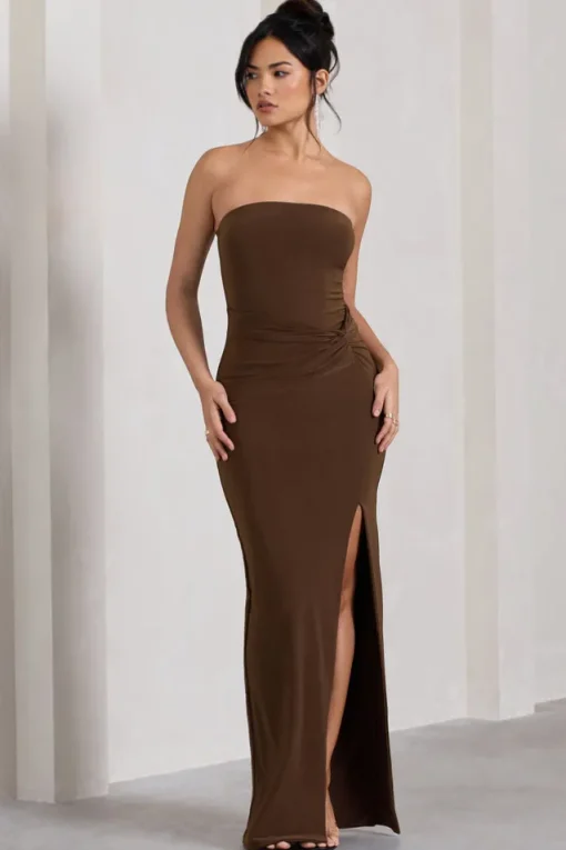 Dawning | Chocolate Brown Bandeau Knotted Split Maxi Dress